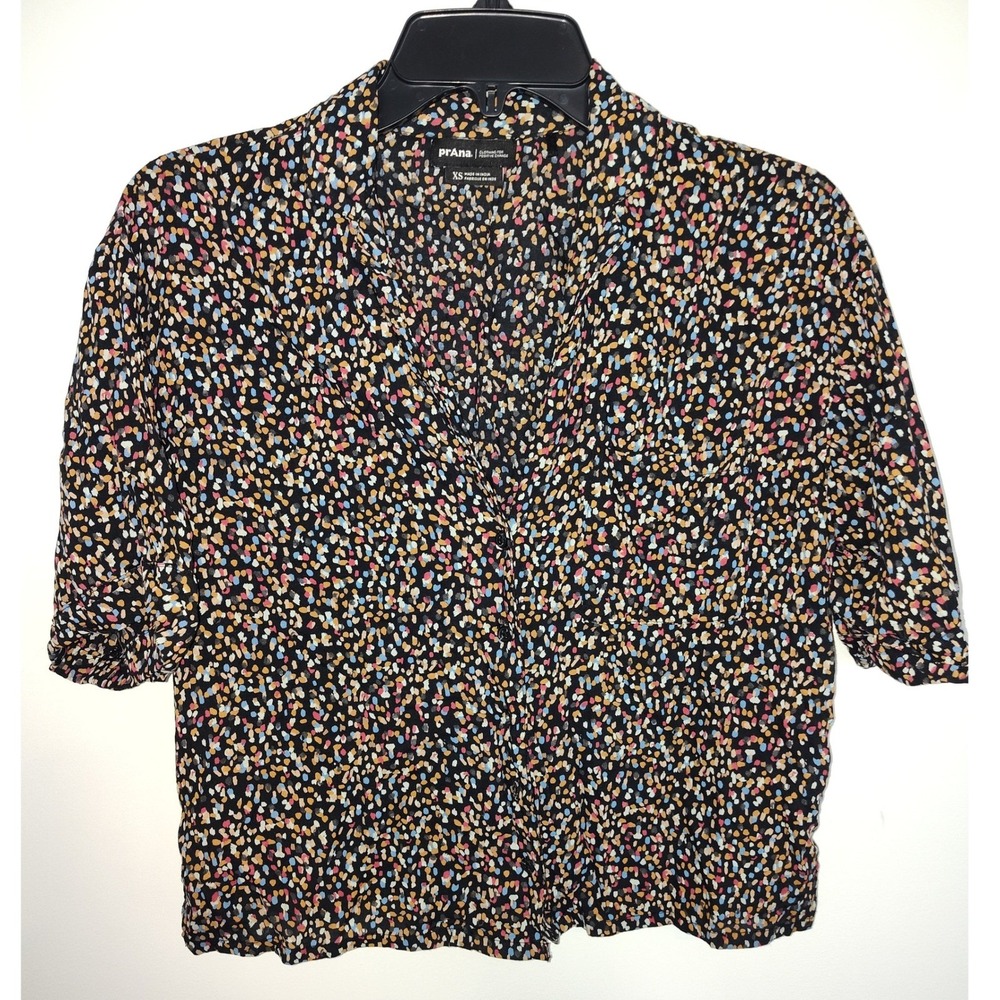 Prana Womens XS Confetti Print Button Down Shirt Short Sleeve Black Multi Top - Picture 1 of 4